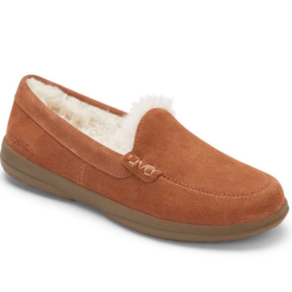 Vionic Lynez Slipper Faux Fur Lined Moccasin Toffee Brown 8.5 Womens Comfort